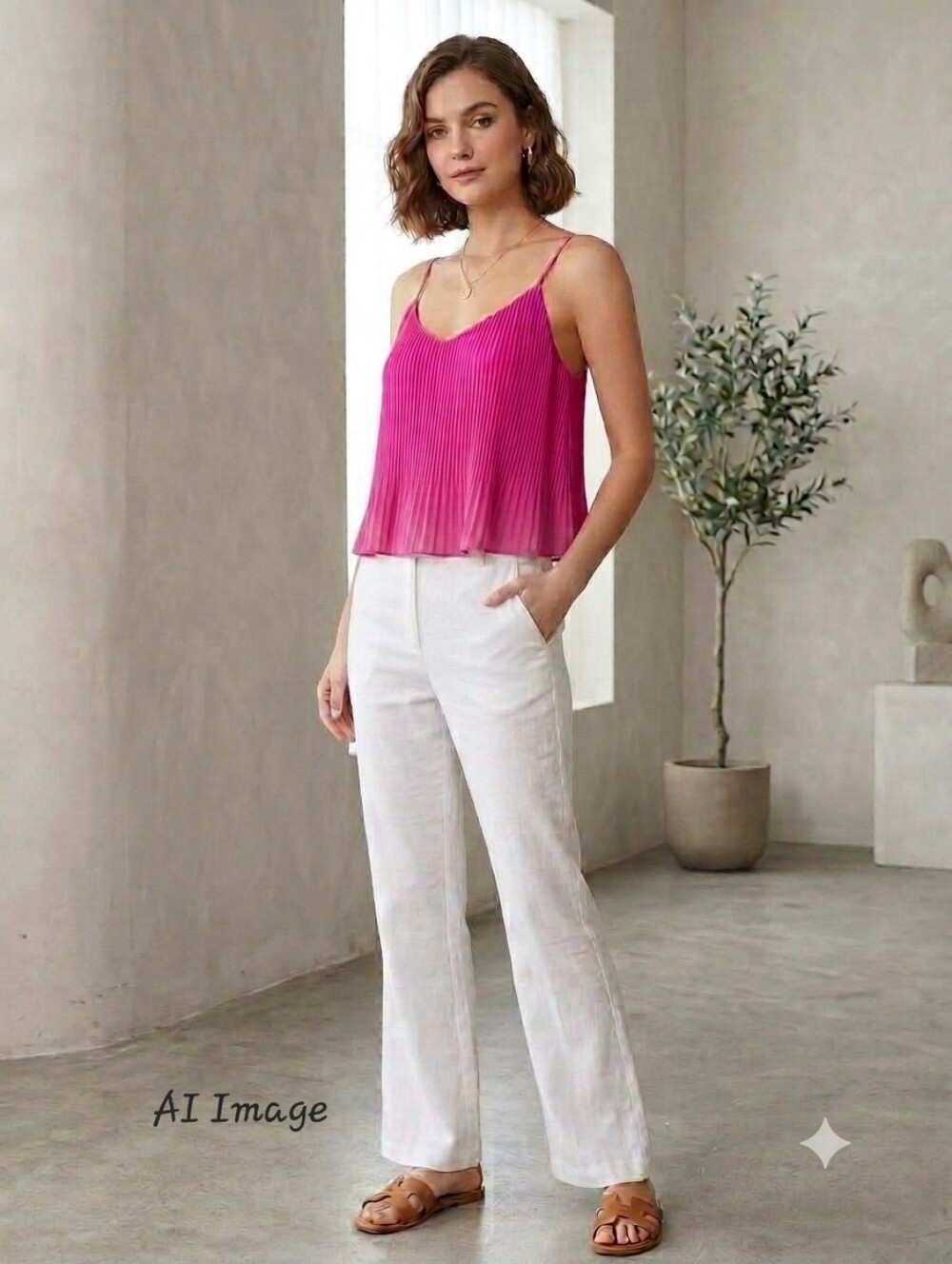 Pleated Spaghetti-Strap Tank Top in Bright Pink